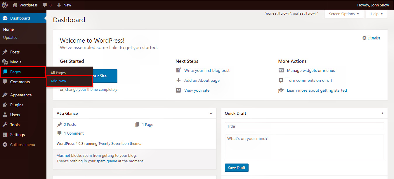 Wordpress add pages