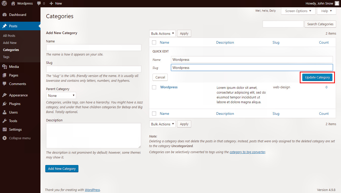 Wordpress edit categories