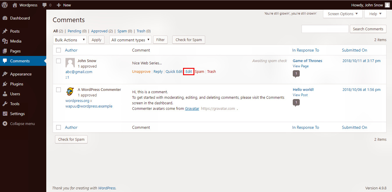Wordpress Edit Comments