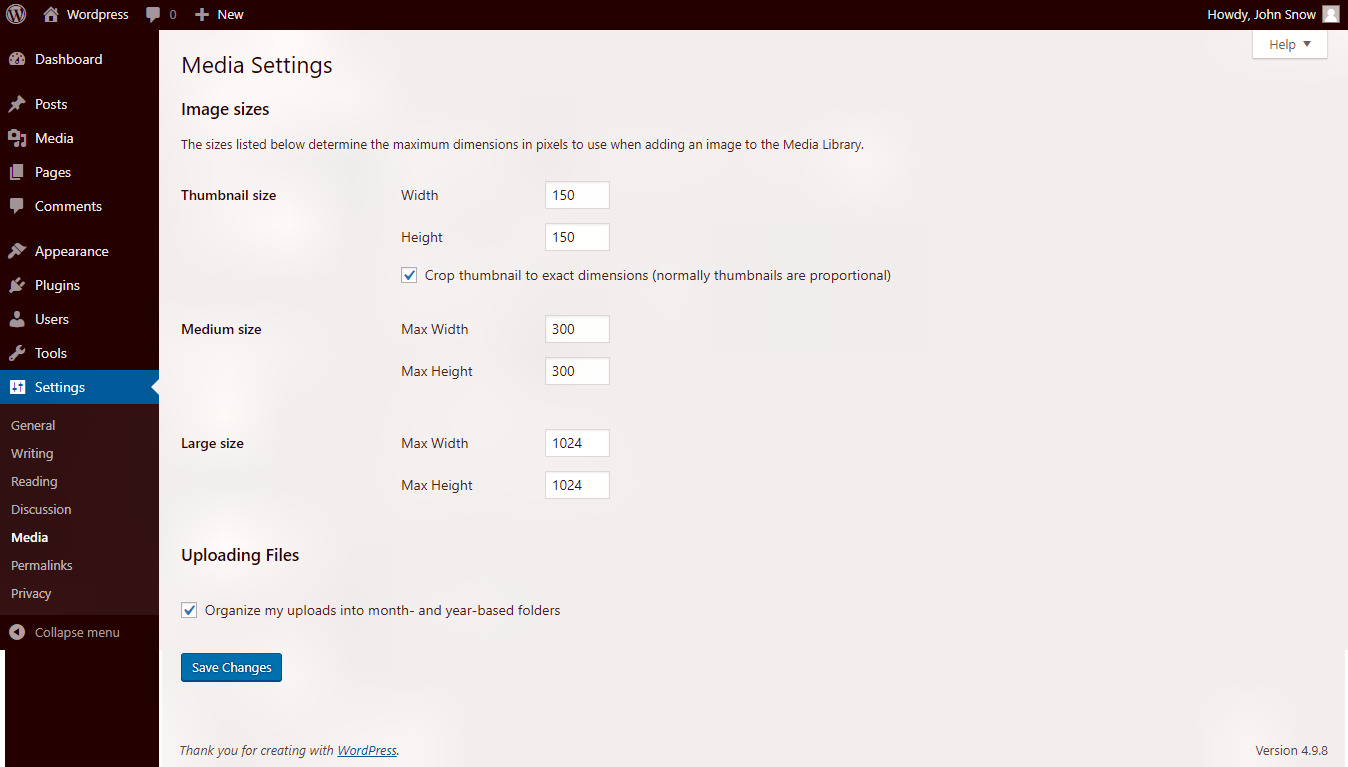 Wordpress Media Setting