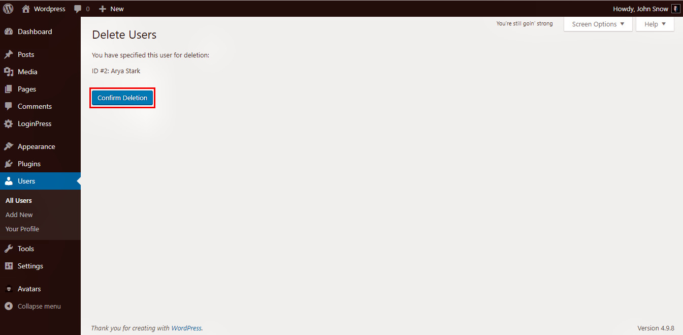 Wordpress Delete User